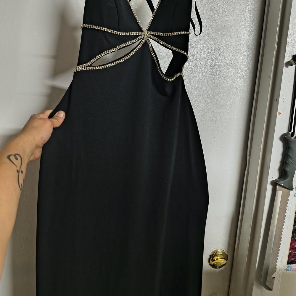 Chic Black Backless Dress with Rhinestone Accents